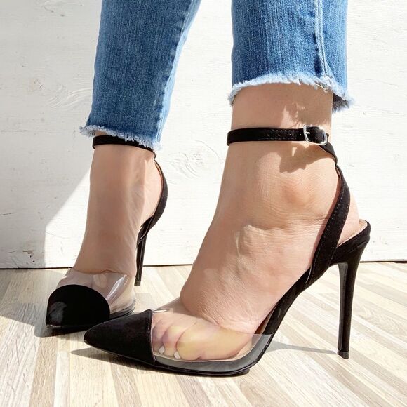 Black Peep Toe Ankle Strap Heel - Picture 1 of 8